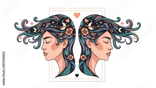 Mystical illustration of Gemini twins, representing two women in profile with cosmic elements like moons and stars in their hair.