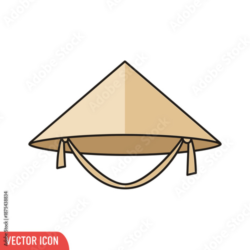 Asian conical hat worn by farmer in paddy field from front view