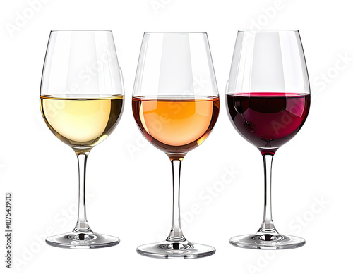 Three stemmed wine glasses, each containing a different-colored liquid against a black background