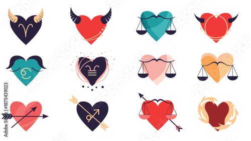 Collection of colorful, stylized heart icons representing different zodiac signs for astrology-themed love and romance concepts.