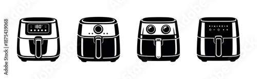 Air fryer vector icons set. kitchen appliance collection. black and white illustrations