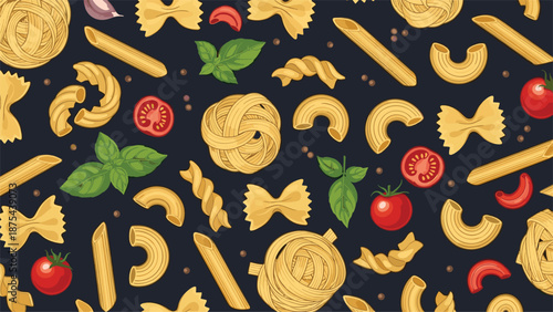 Seamless pattern background with various types of Italian pasta, fresh tomatoes, and basil leaves on a dark surface.