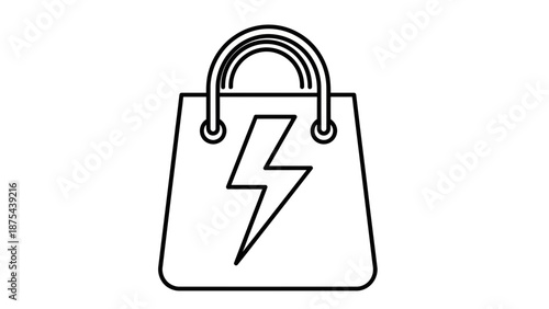 Shopping Bag with Lightning Bolt Icon - Black and White Outline