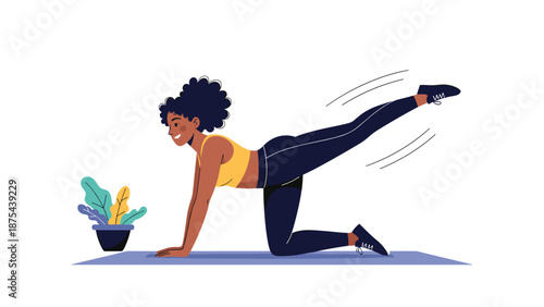 Happy black woman doing a donkey kick exercise on a yoga mat at home, promoting fitness and a healthy lifestyle.