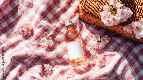 High-angle shot of spring cosmetic essentials and a natural basket on a sunlit picnic blanket