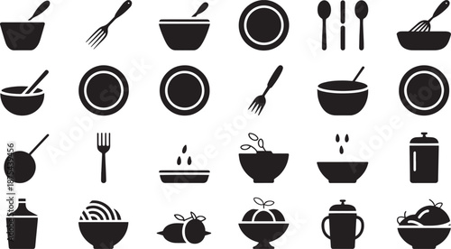 Black Kitchen Utensils and Dishes on White Background