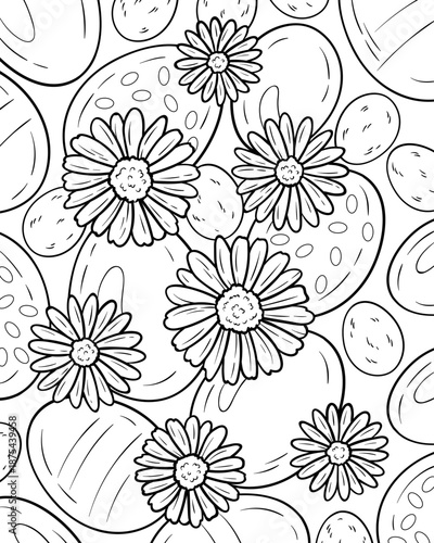 Easter eggs with daisy flowers top view coloring page, floral illustration with Easter eggs, traditional symbol of Easter, black and white line drawing, festive illustration, spring holiday line art