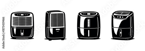 Home appliances vector icons set: dehumidifiers in black and white design