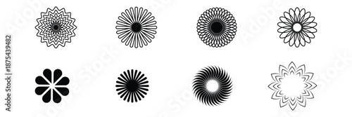 Geometric flower, abstract petal, spiral shape, radial symmetry, decorative motif, minimal design, icon set, vector illustration.