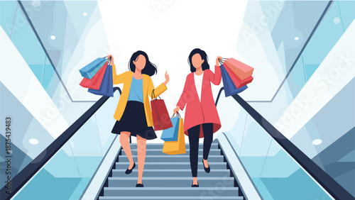 Two happy women with lots of shopping bags walking down an escalator in a modern shopping mall during a sale.