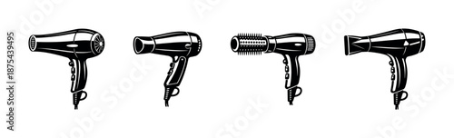 Set of hair dryer designs. vector icons set. styling, symbols, electric appliance.