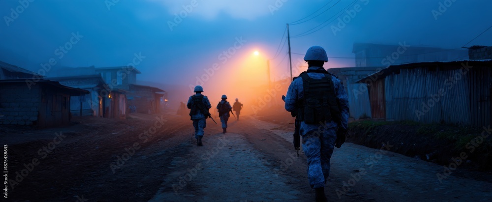 Fototapeta premium Peacekeeping forces bravely walking through fear and hope in a tense conflict zone.