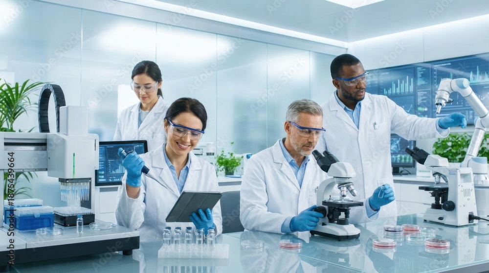 Fototapeta premium Innovative pharmaceutical research scientists in a cutting-edge lab enhancing drug discovery for future cures