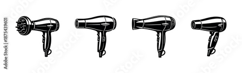 Hairdryer vector icons set: blow dryer, stylist equipment, salon tools graphics