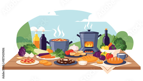 Abundant outdoor picnic or feast on a wooden table with fresh vegetables, bread, wine, and a pot cooking on a stove.