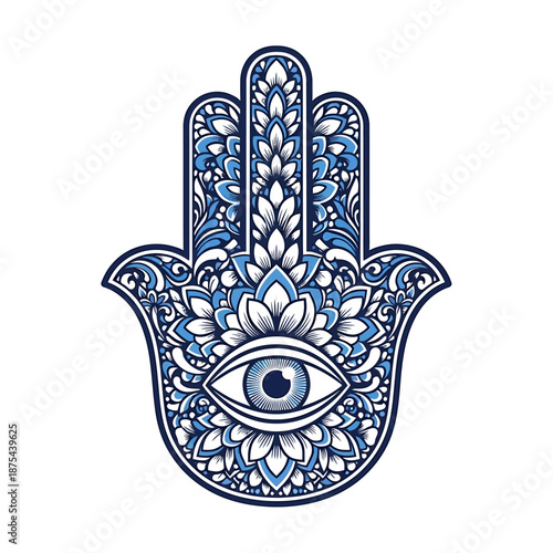 Ornate blue and white spiritual hand amulet design with mystical eye for ancient protection and good fortune