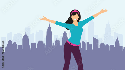 Happy, energetic young woman with arms outstretched against a silhouette of a modern city skyline, feeling free and joyful.