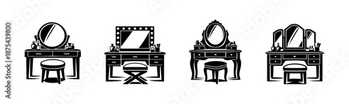 Vanity table vector icons set: dressing tables, makeup stations, beauty symbol