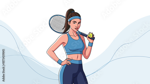 Confident and athletic female tennis player in blue sportswear, holding a racket and ball against an abstract background.