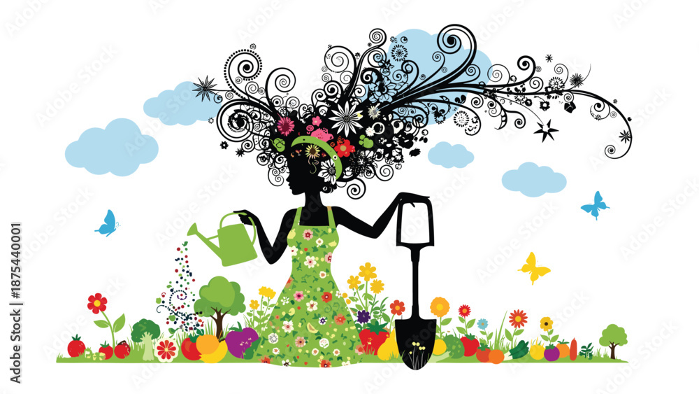 Naklejka premium Artistic silhouette of a woman gardening, with her hair made of flowers and trees, watering her vibrant garden of produce.