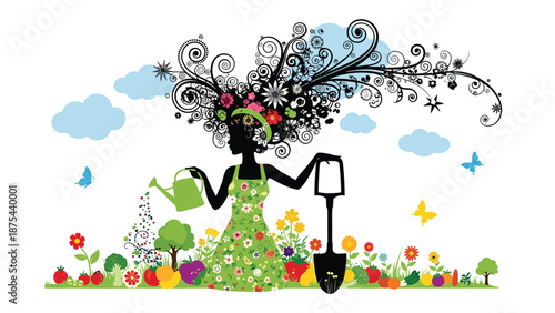 Artistic silhouette of a woman gardening, with her hair made of flowers and trees, watering her vibrant garden of produce.