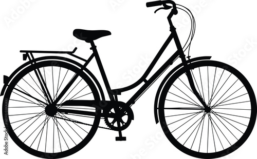 Black silhouette of city bicycle with step-through frame, rear rack, spokes, pedals, and handlebars for urban commuting and transport design