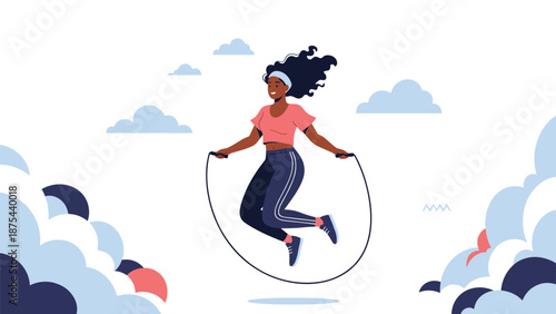 Happy and active black woman exercising with a jump rope outdoors, surrounded by clouds, promoting fitness and joy.