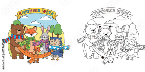 Cute woodland animals friends celebrating Kindness Week together sharing a big scarf under banner, vector illustration of bear fox rabbit owl and squirrel in forest for social awareness.