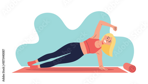 Smiling blonde woman doing a side plank exercise on a red yoga mat, demonstrating a home fitness workout routine.