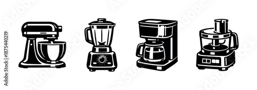 Kitchen appliances vector icons set: mixer, blender, coffee maker, food processor