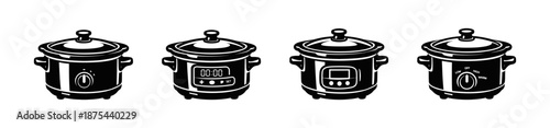 Kitchen appliances vector icons set: slow cookers, crock pots, digital cookers