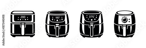 Air fryer vector icons set: kitchen appliance symbols, electric cooker designs