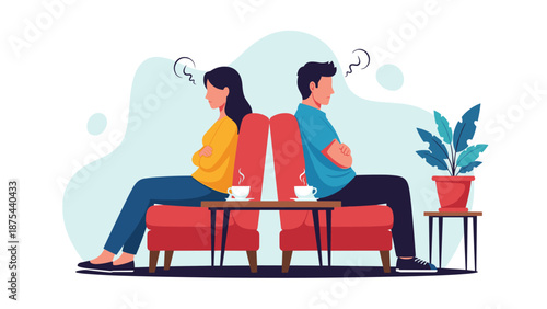 Man and woman sitting back to back on a sofa after an argument, with angry scribbles above their heads, showing conflict.