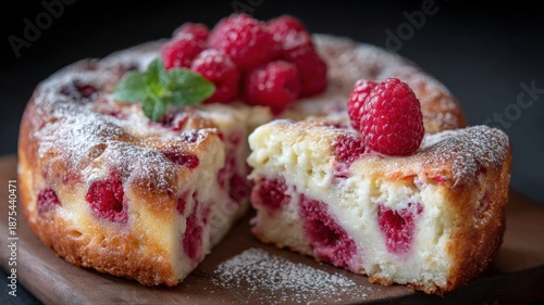Wallpaper Mural Delicious Raspberry Cake with Powdered Sugar and Mint Garnish on Wooden Board Ready to Serve Torontodigital.ca