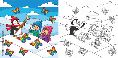 Happy children and cute penguin friends painting colorful rainbow butterflies on snow in winter landscape, creative vector illustration of imagination and art for holiday season.