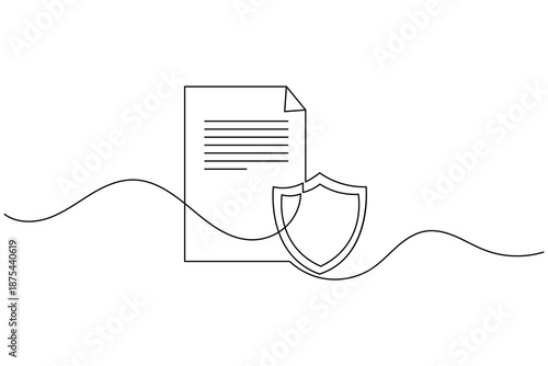 Continuous line art of shield and document for data protection and security