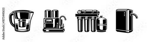 Water purification vector icons set - filtration, purifier, desalination symbols
