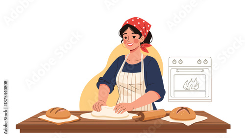 Happy woman kneading dough on a wooden table to bake fresh bread, with an oven illustrated in the background.