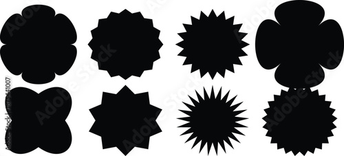 Set of 8 Black Starburst and Clover Shape Badges Vector