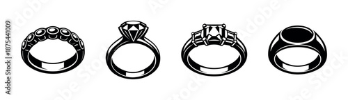Jewelry vector icons set: rings with gemstones, elegant collection, outline style