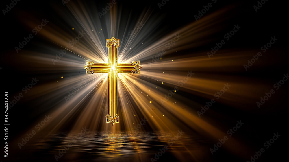 Obraz premium A shining golden cross against a dark background with radiating rays of light. A symbolic spiritual image of faith, hope, prayer, and divine presence.