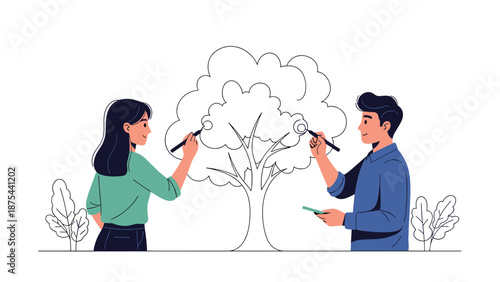 Man and woman working together to draw a large, healthy tree, symbolizing teamwork, growth, and environmental care.