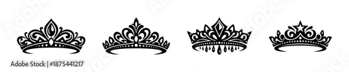 Crown and tiara vector icons set: black royal symbols, silhouette, regal emblems