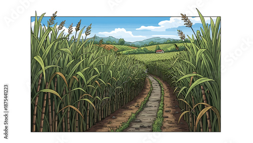 Serene countryside landscape with winding dirt path through tall green crops