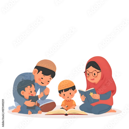 A Muslim family enjoying quality time reading the Quran together indoors on a plain white background, illustrating religious devotion and familial bonding