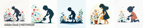 A Boy Planting Flowers Vector Illustration