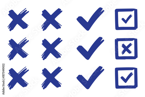 Check tick mark icon set, hand drawn doodle red cross box x check mark green checkbox v