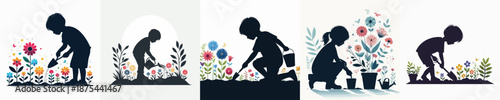 A Boy Planting Flowers Vector Illustration
