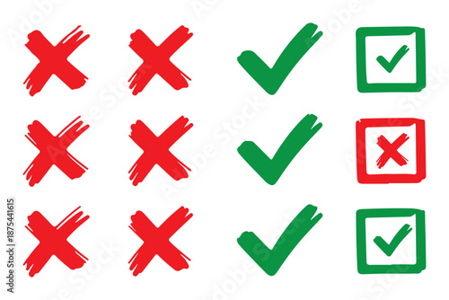 Check tick mark icon set, hand drawn doodle red cross box x check mark green checkbox v