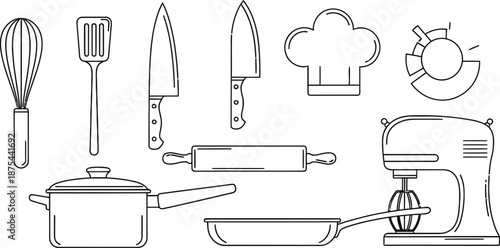 Collection of black and white line art icons representing essential culinary tools for baking cooking and professional kitchen preparation tasks